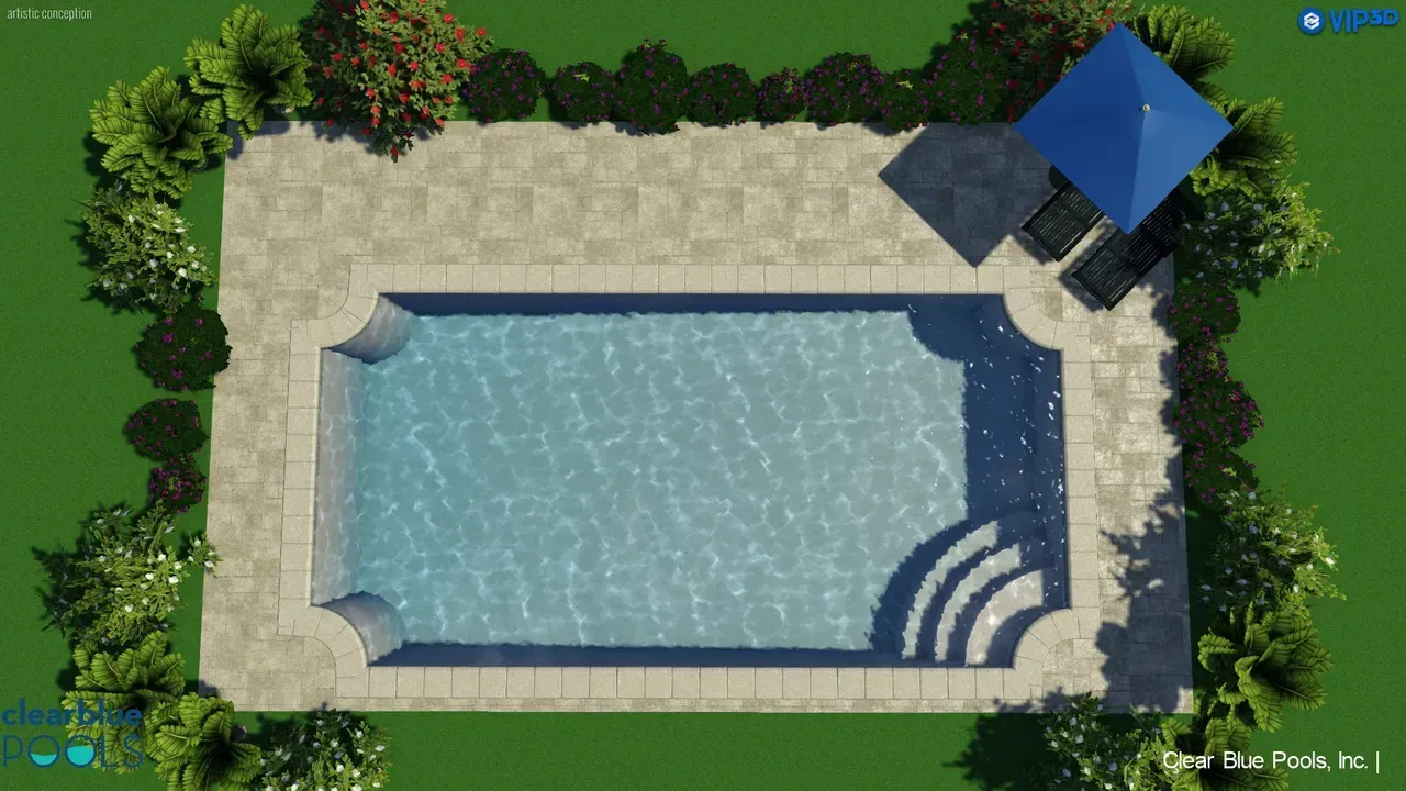 An aerial view of a swimming pool with a blue umbrella and chairs.