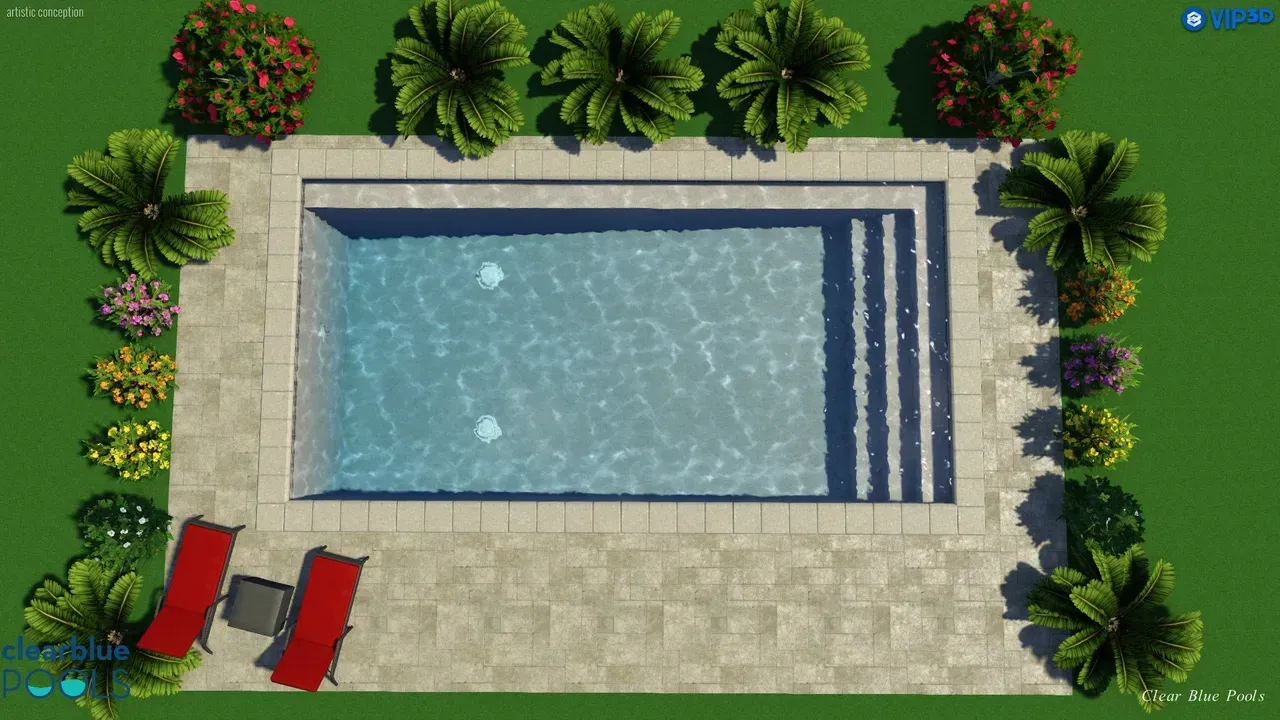 An aerial view of a large swimming pool surrounded by trees and chairs.