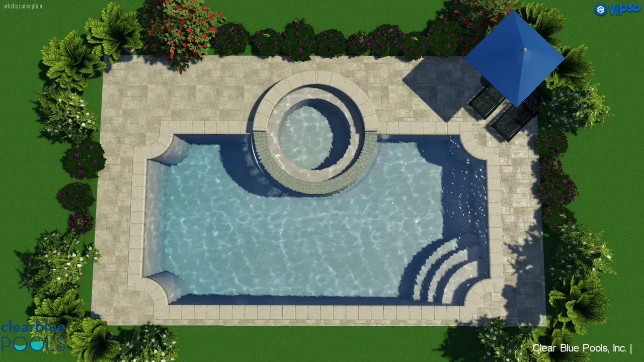 An aerial view of a large swimming pool surrounded by trees and a blue umbrella.