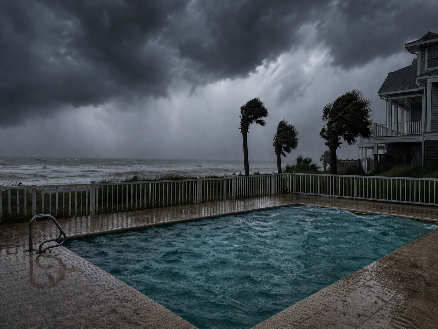 Stormy beachside pool with dark clouds, rough ocean waves, and palm trees bending in the wind