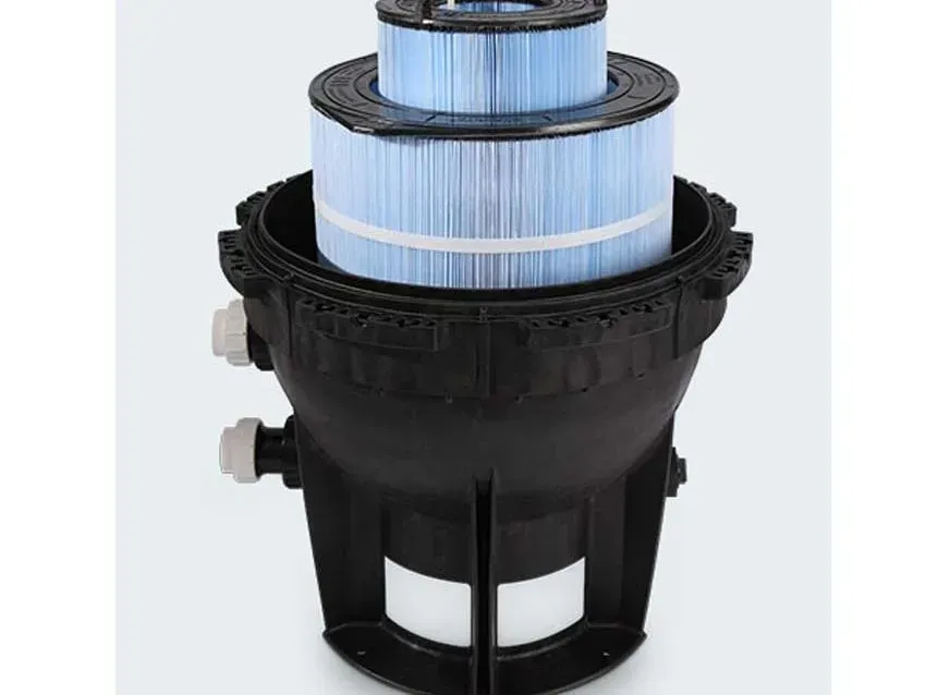 A vacuum cleaner with three filters stacked on top of each other.