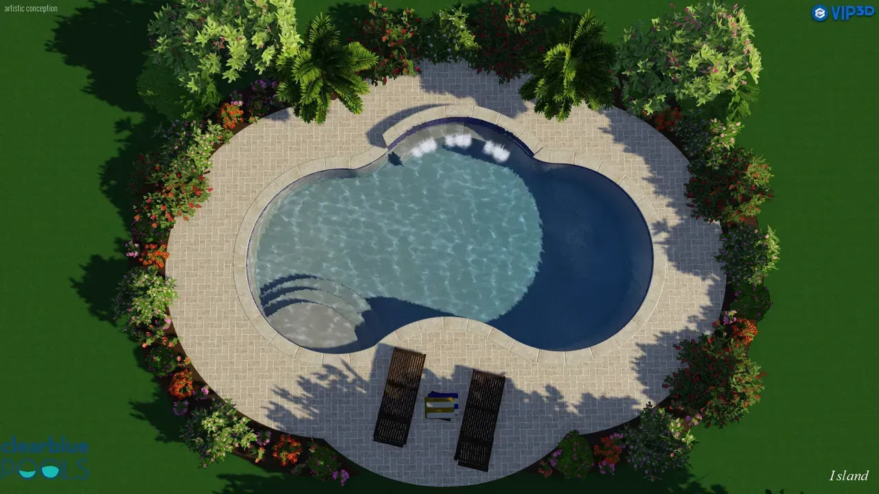 An aerial view of a large swimming pool surrounded by trees and chairs.