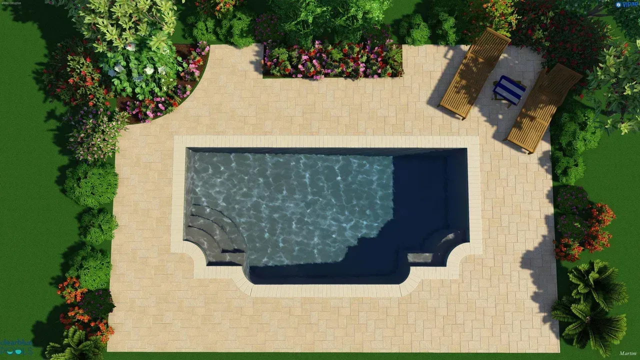 An aerial view of a large swimming pool surrounded by trees and chairs.