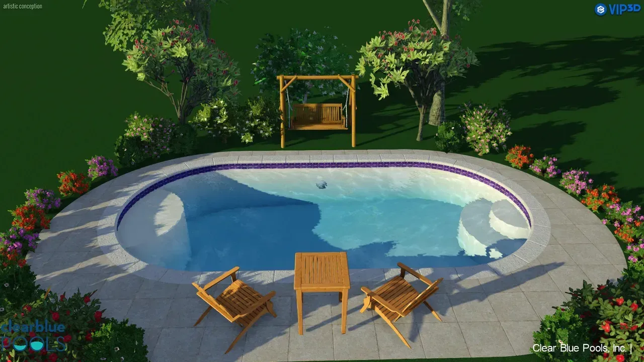 An aerial view of a swimming pool with chairs and a table