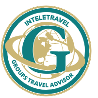Logo for InteleTravel, a travel agency, featuring a teal and gold globe and 