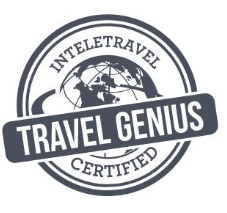 InteleTravel Travel Genius Certified logo: a gray badge with globe outline and text.
