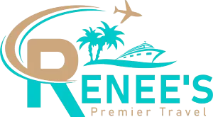 Logo for Renee's Premier Travel: brown and teal, featuring an airplane, palm trees, and a cruise ship.