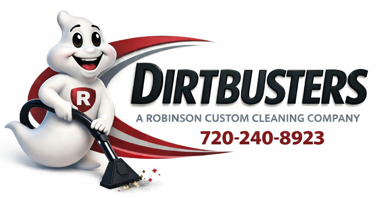 Dirtbusters logo: smiling ghost holding a vacuum cleaner with red and white accents, phone number provided.