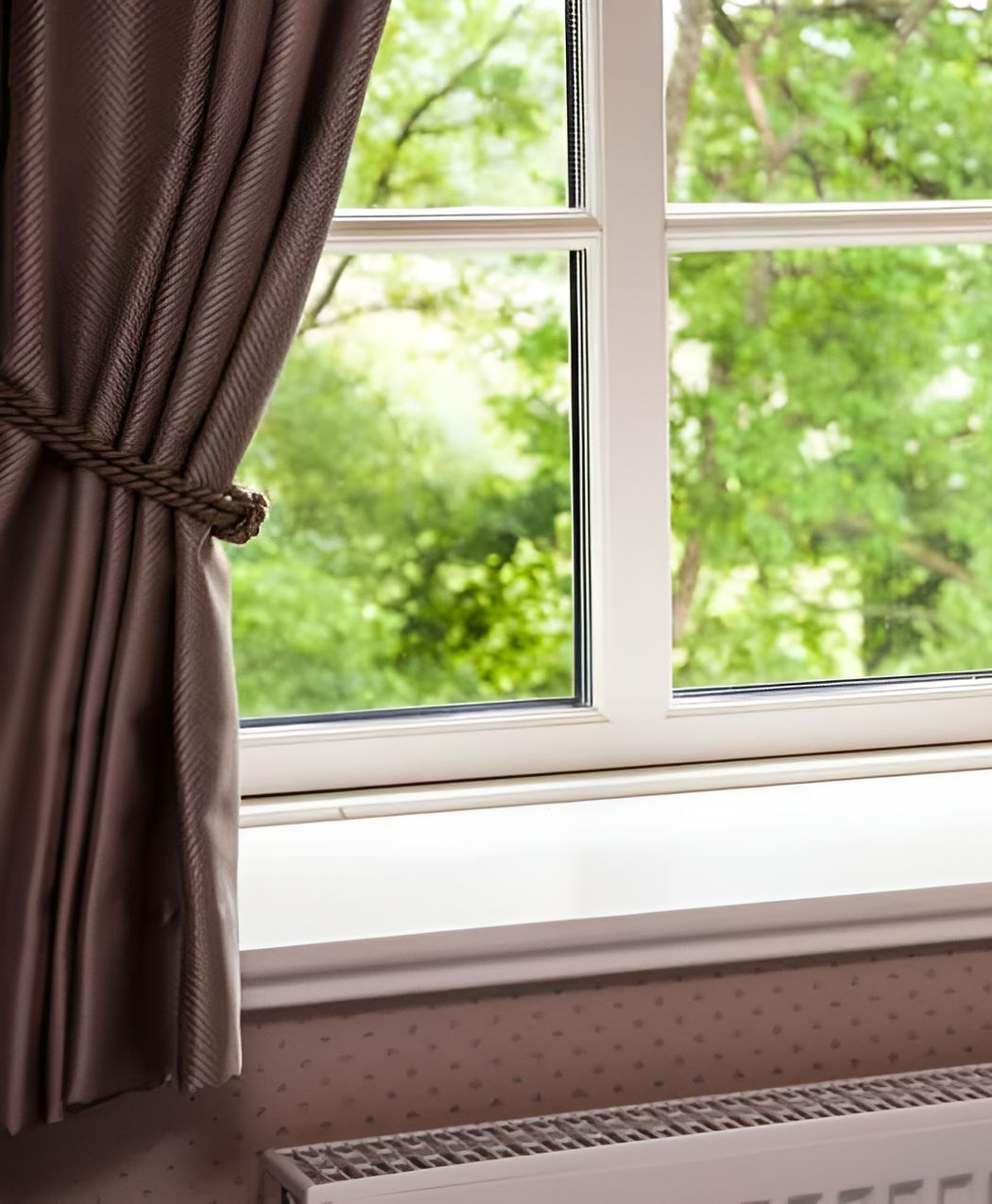 A Window With Curtains And A Radiator In Front Of It — Ron Ayton Curtains, Blinds & Shutters In Shelly Beach, NSW