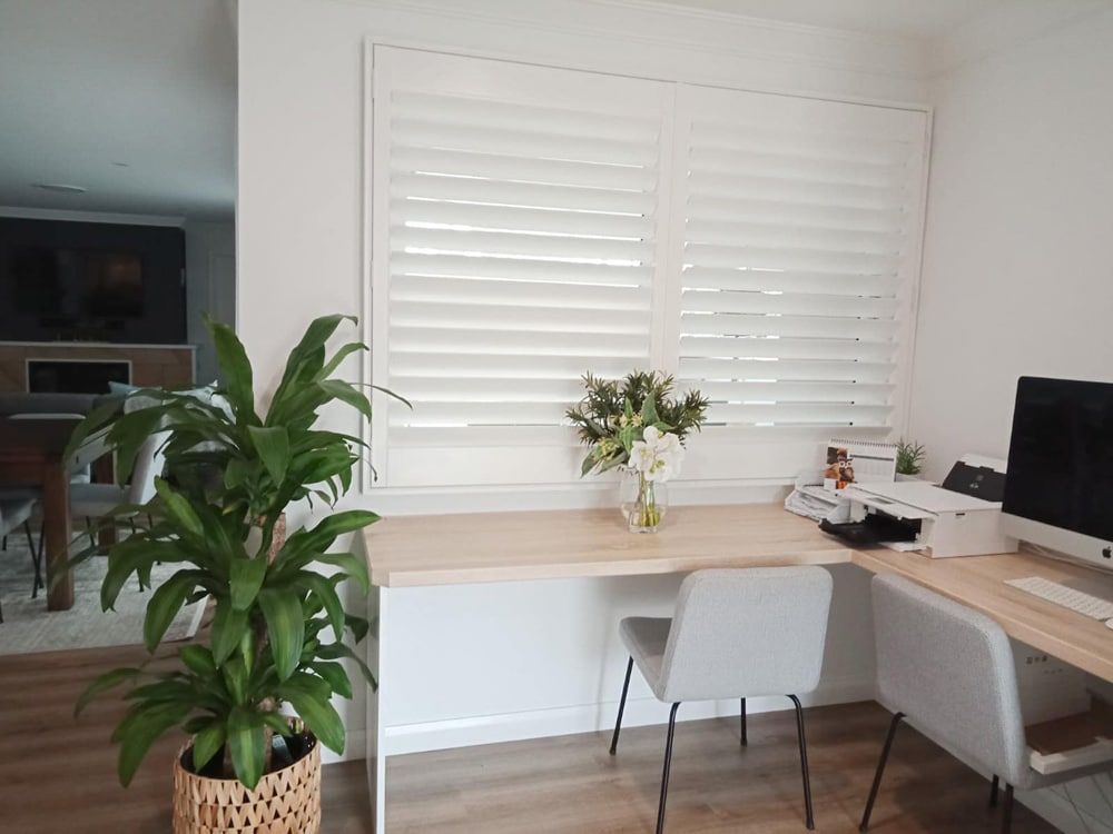 A Home Office With A Desk, Chairs, Computer And A Potted Plant — Ron Ayton Curtains, Blinds & Shutters In Shelly Beach, NSW