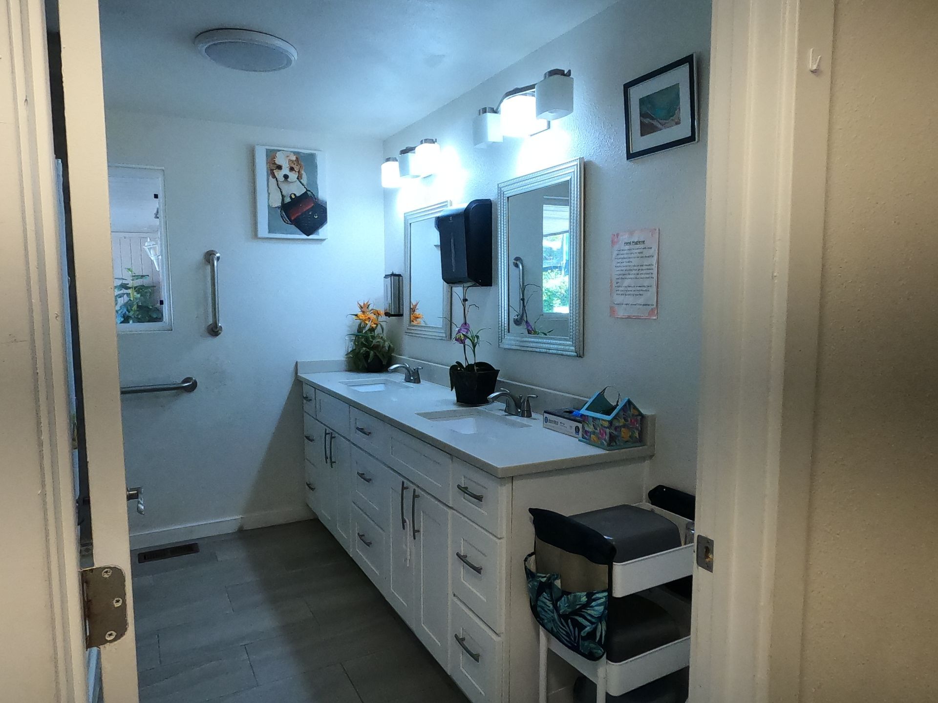 Bathroom with white cabinets, double sinks, grab bars, and a rolling cart.