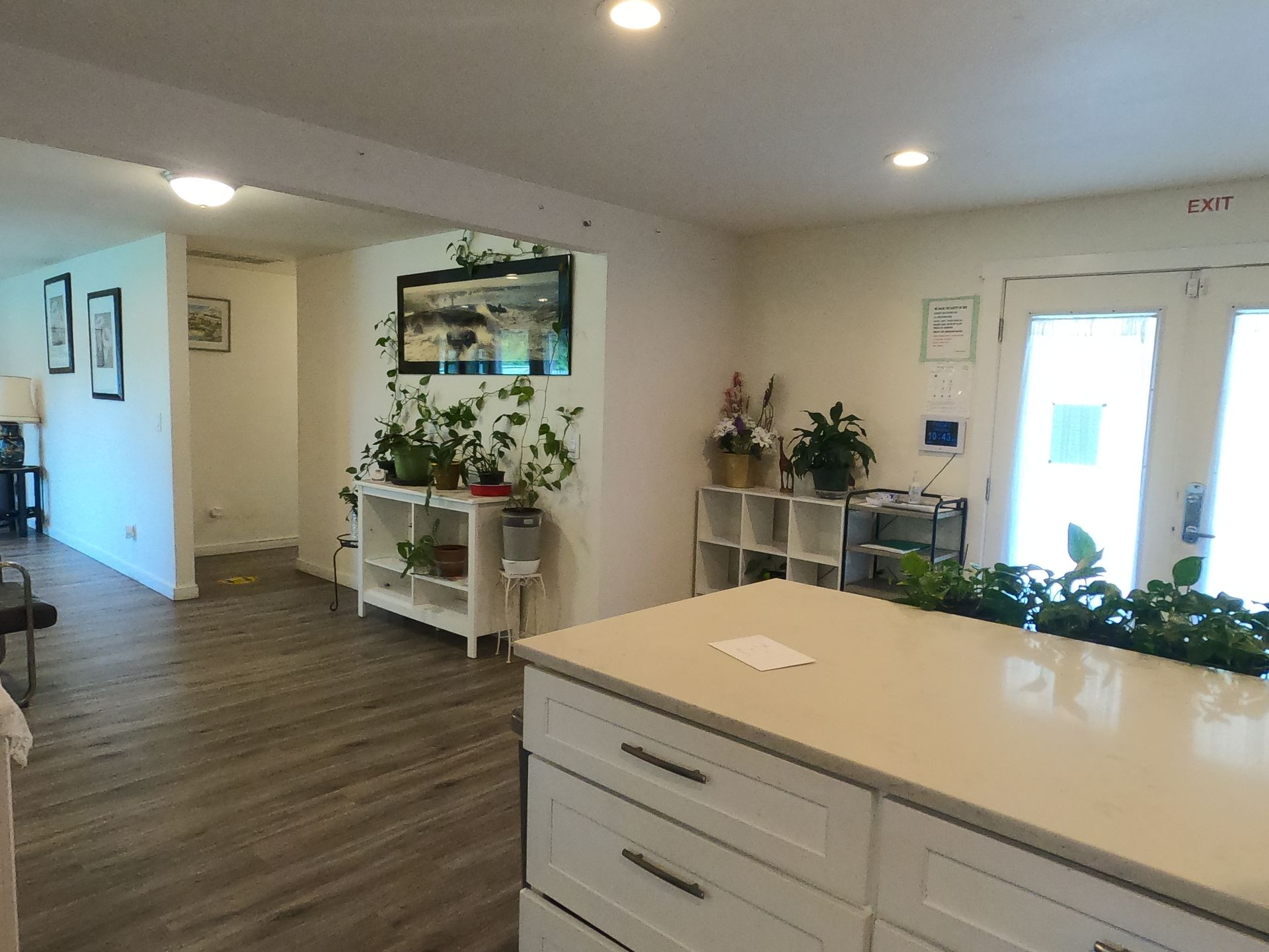Interior with white walls, plants, wooden floors, and a kitchen island. Exit doors on right.