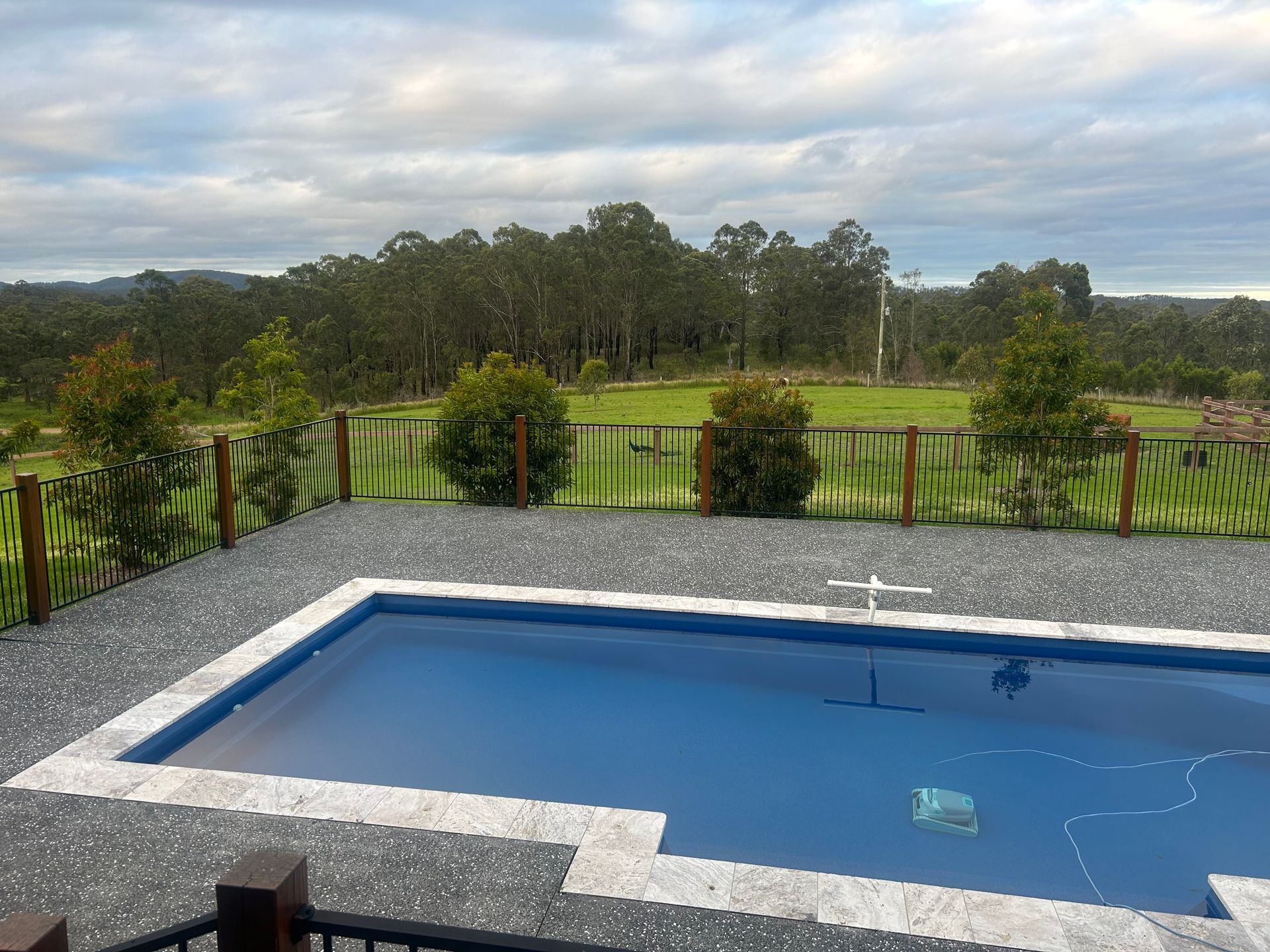 A large swimming pool with a view of a golf course — Steve Merrick Family Swimming Pools in Failford, NSW