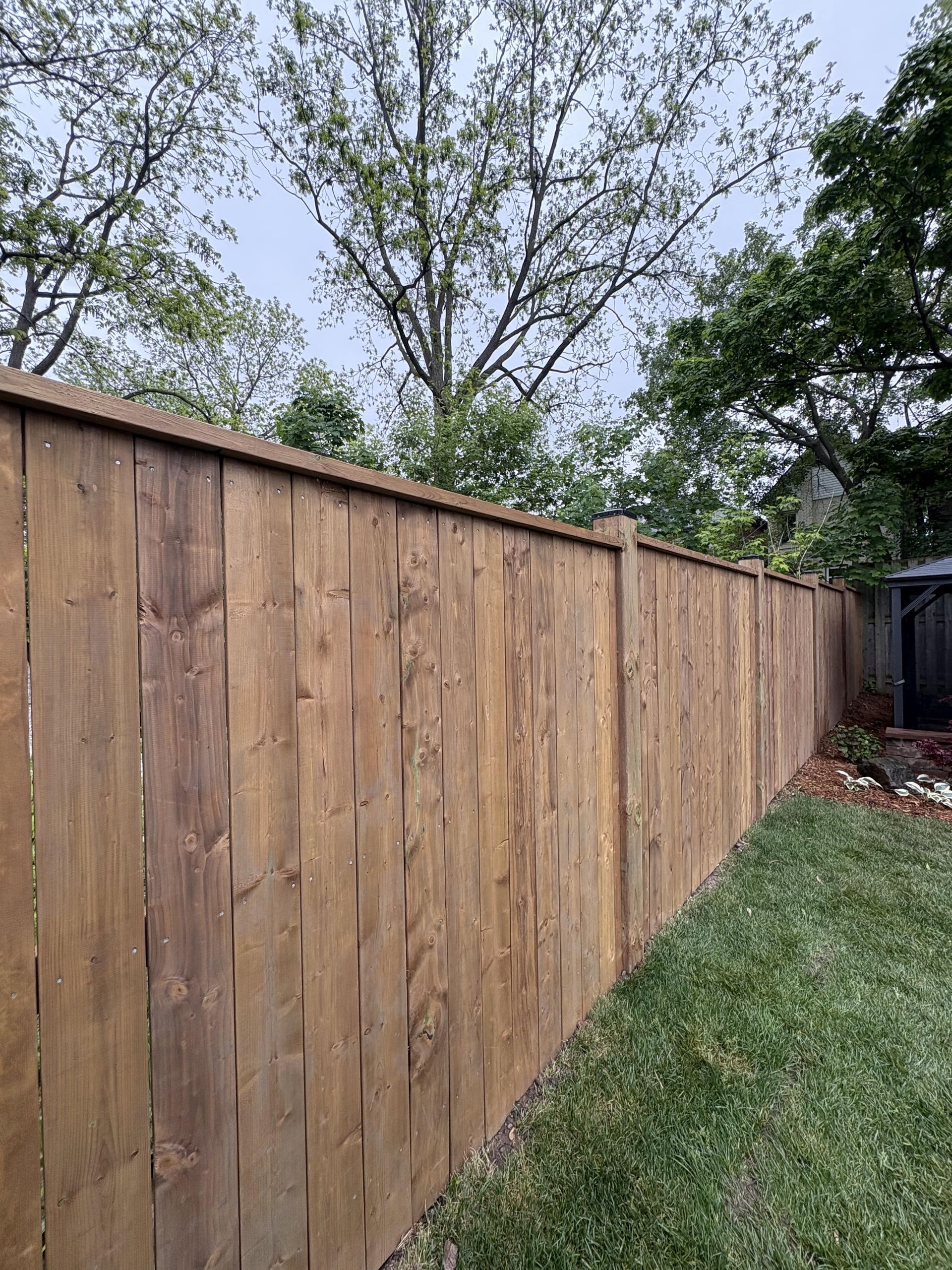 A wooden fence in a backyard with trees in the background.