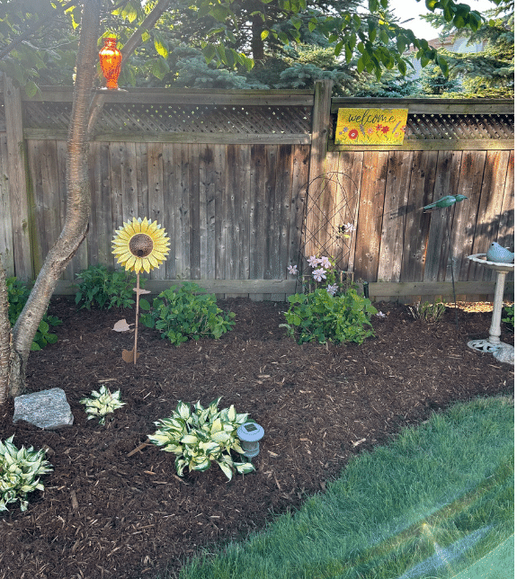 A garden with a sign that says welcome on it
