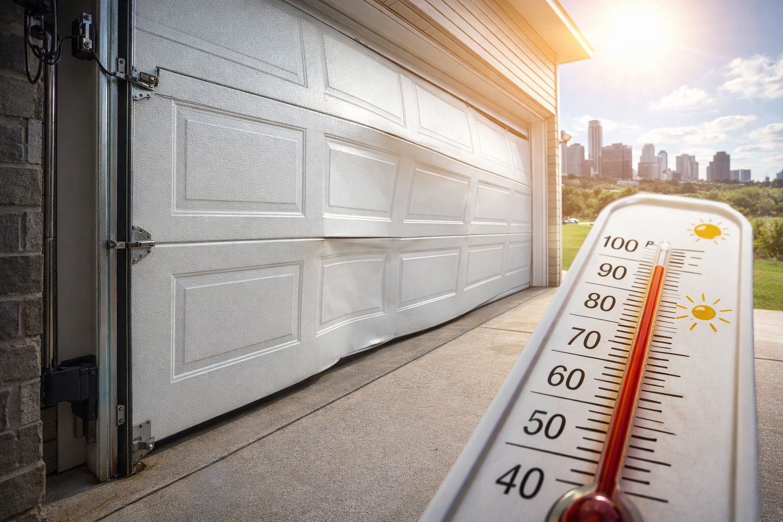 garage door warped from hot Texas summer heat