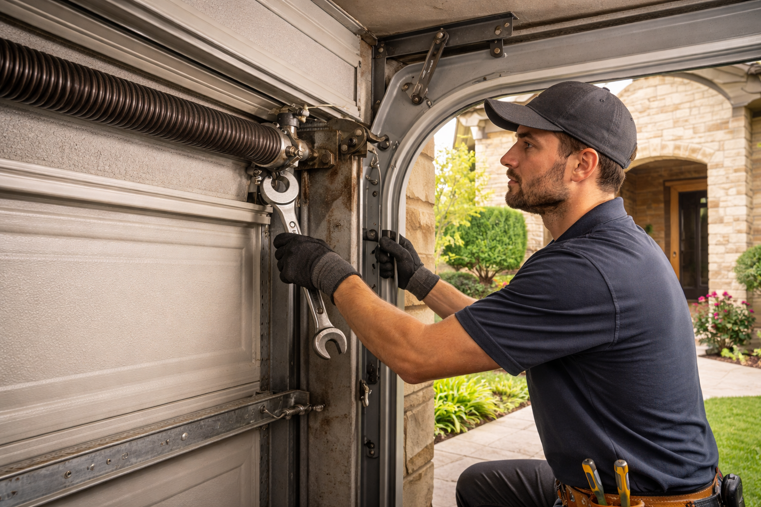 Garage door technician repairing torsion spring on residential garage door in Austin Texas