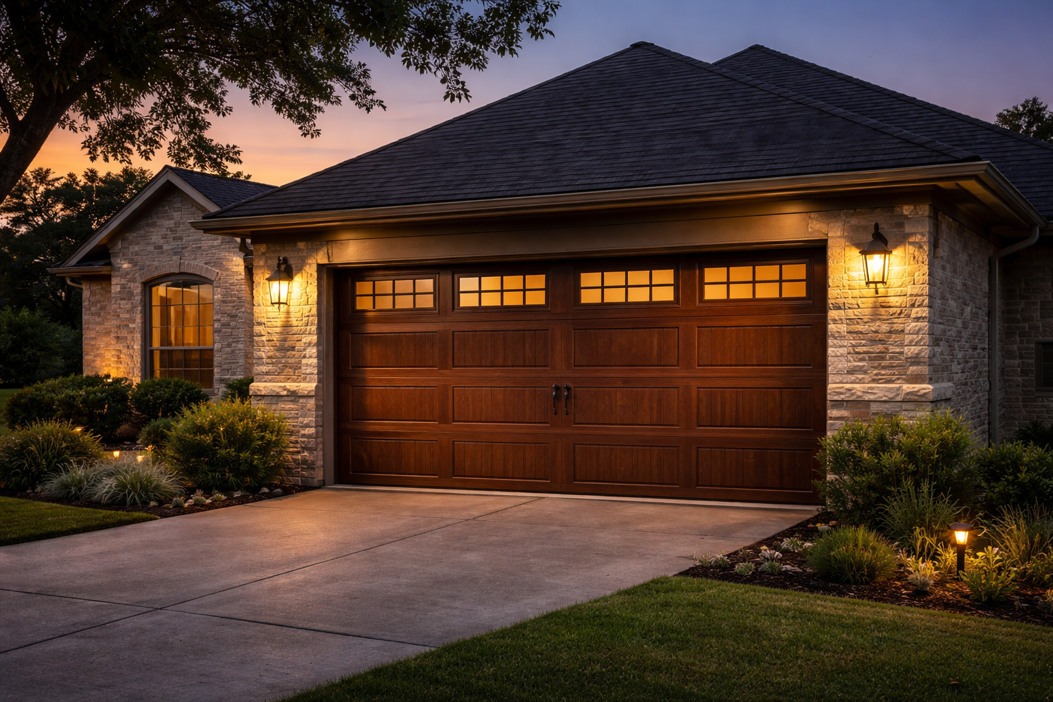 Modern insulated garage door on a home in Manor Texas at dusk with warm lighting and wood-style pane
