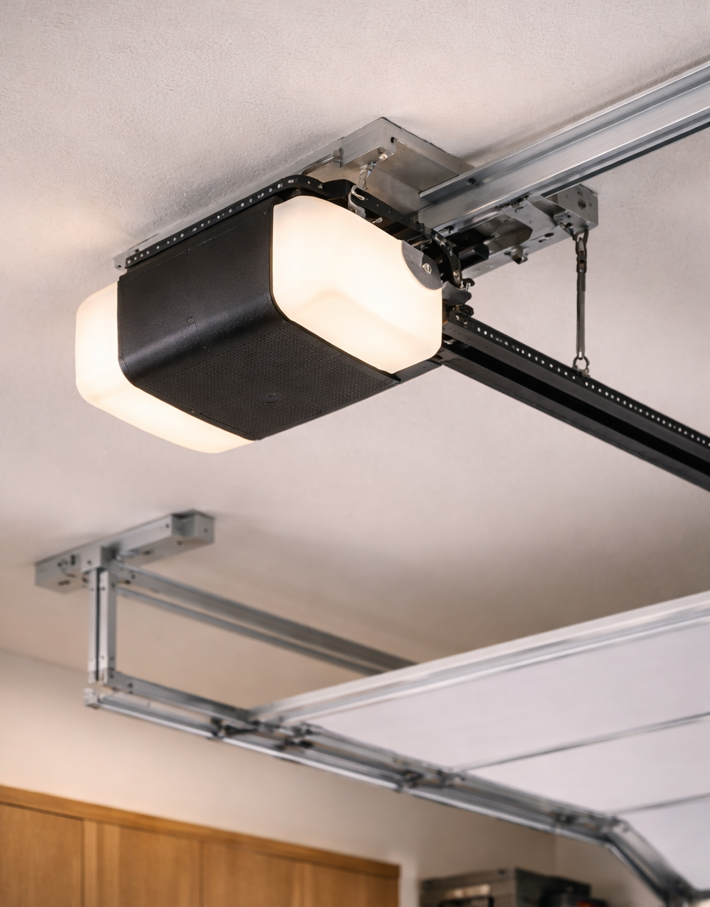 Close-up view of a modern ceiling-mounted garage door opener connected to the rail system inside a residential garage.