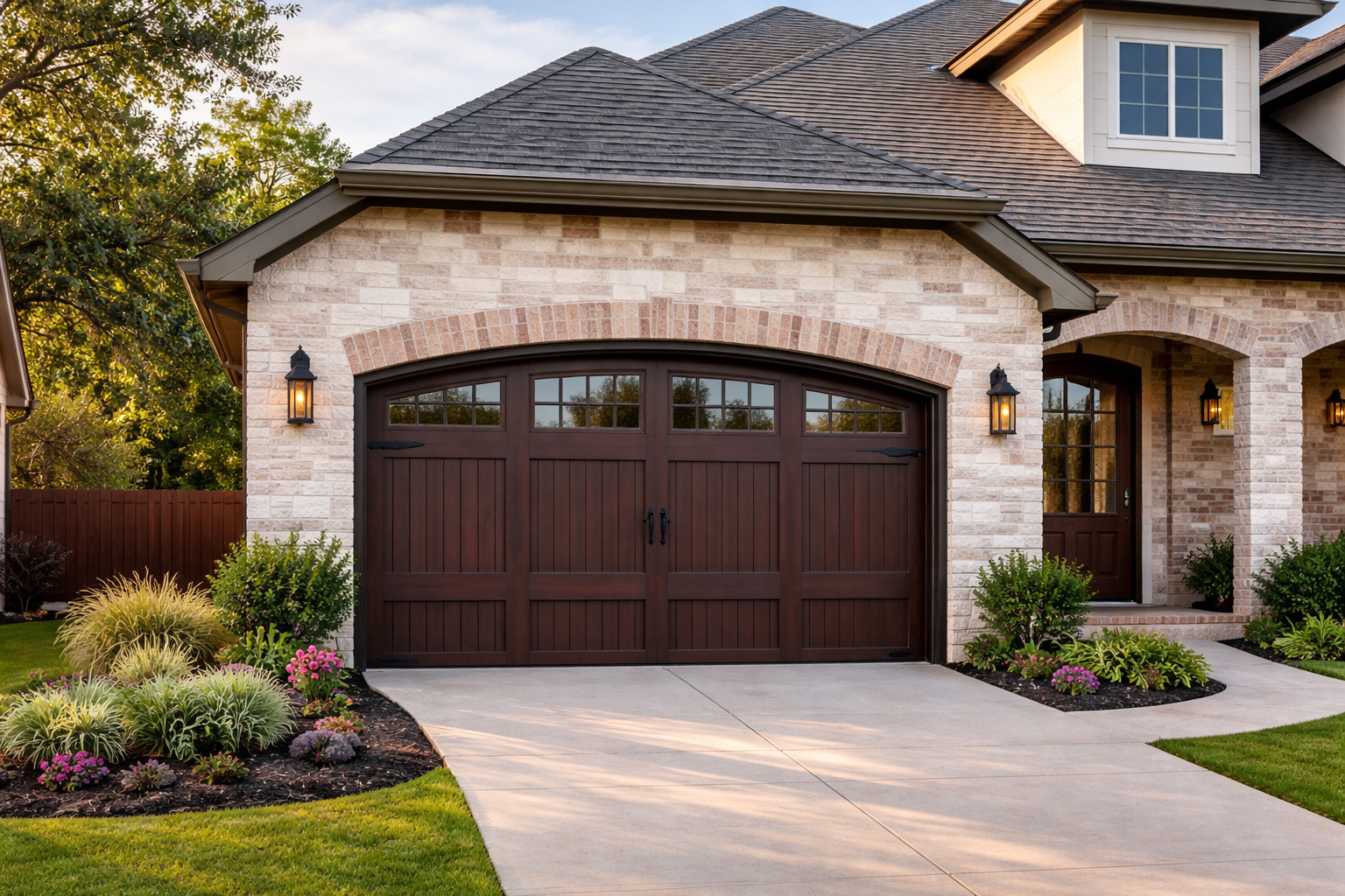 Luxury Central Texas home with a custom wood garage door and stone exterior facade