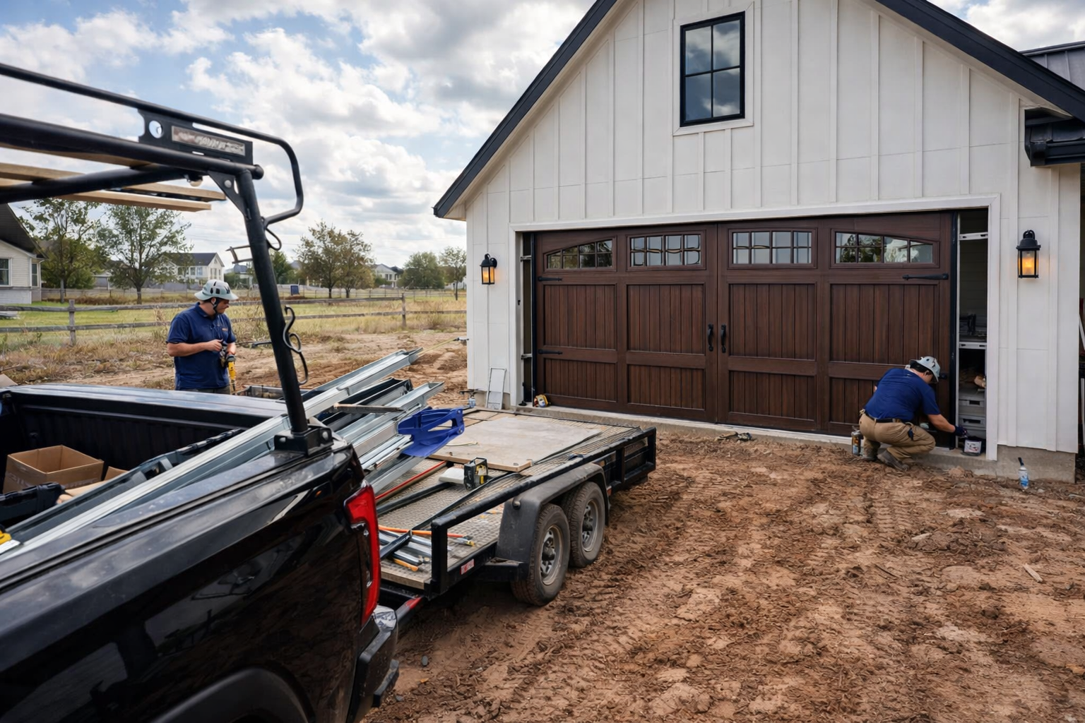 Technicians installing a custom wood garage door at a new farmhouse-style home construction site in Central Texas