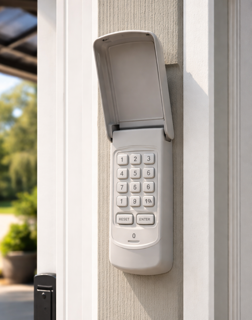 Wall-mounted garage door keypad with flip cover and numeric buttons installed next to garage entry door