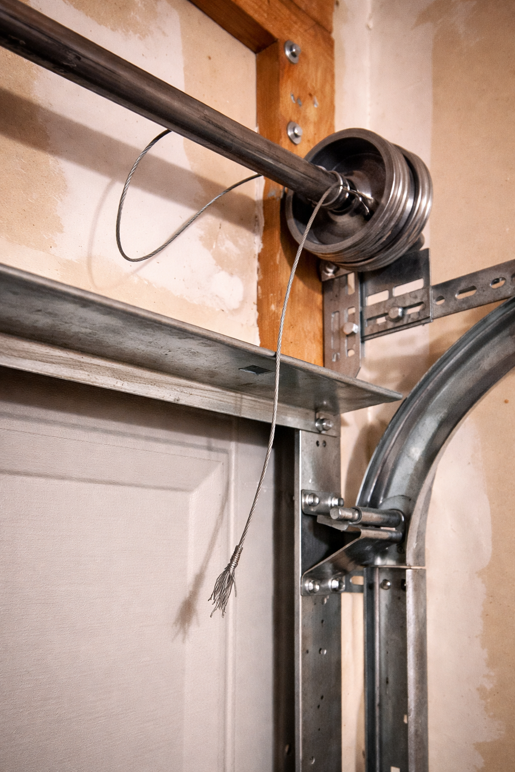 Frayed garage door lift cable hanging loose after slipping off the drum inside a residential garage door torsion system.