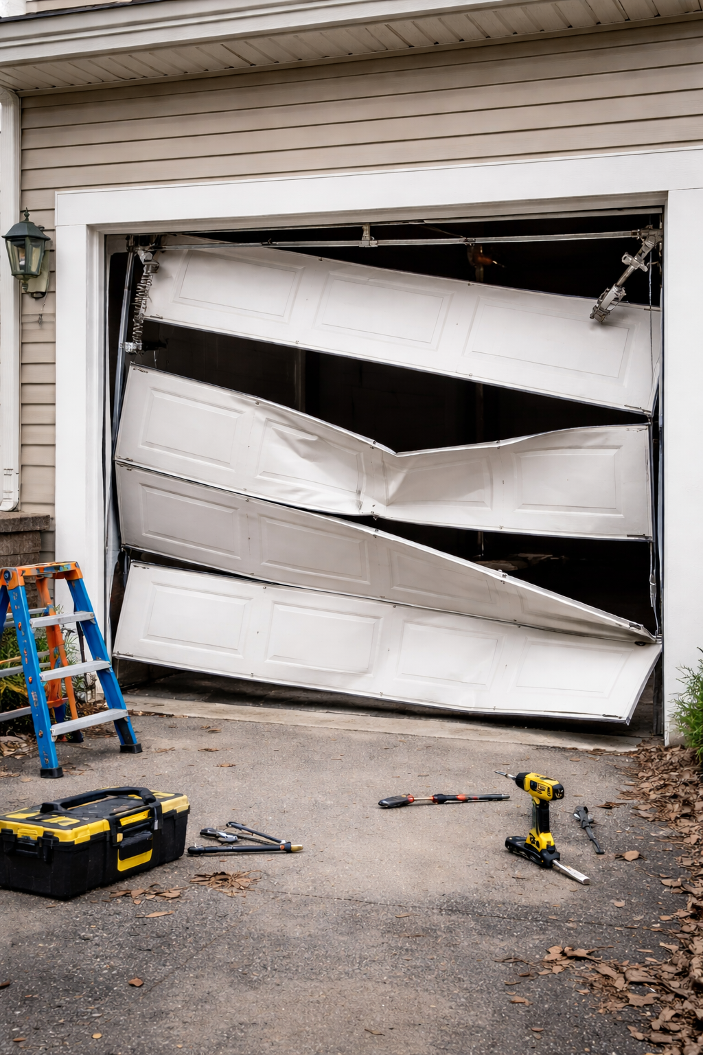 Severely damaged residential garage door off its track with bent panels and repair tools on the driveway.