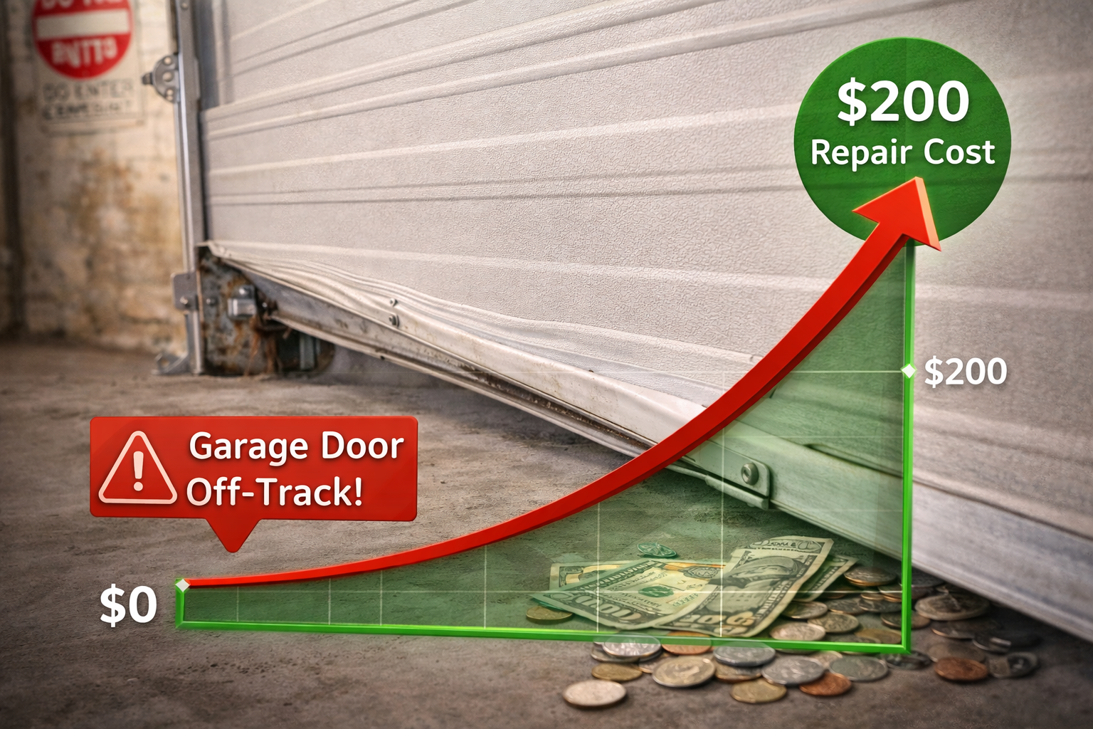 Garage door off track with bent rail showing typical off-track garage door repair cost scenario