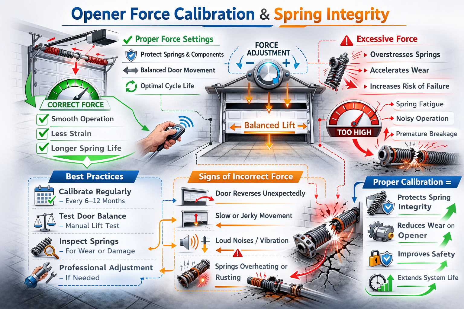 Infographic explaining how garage door opener force calibration affects spring integrity, cycle life, and overall system wear