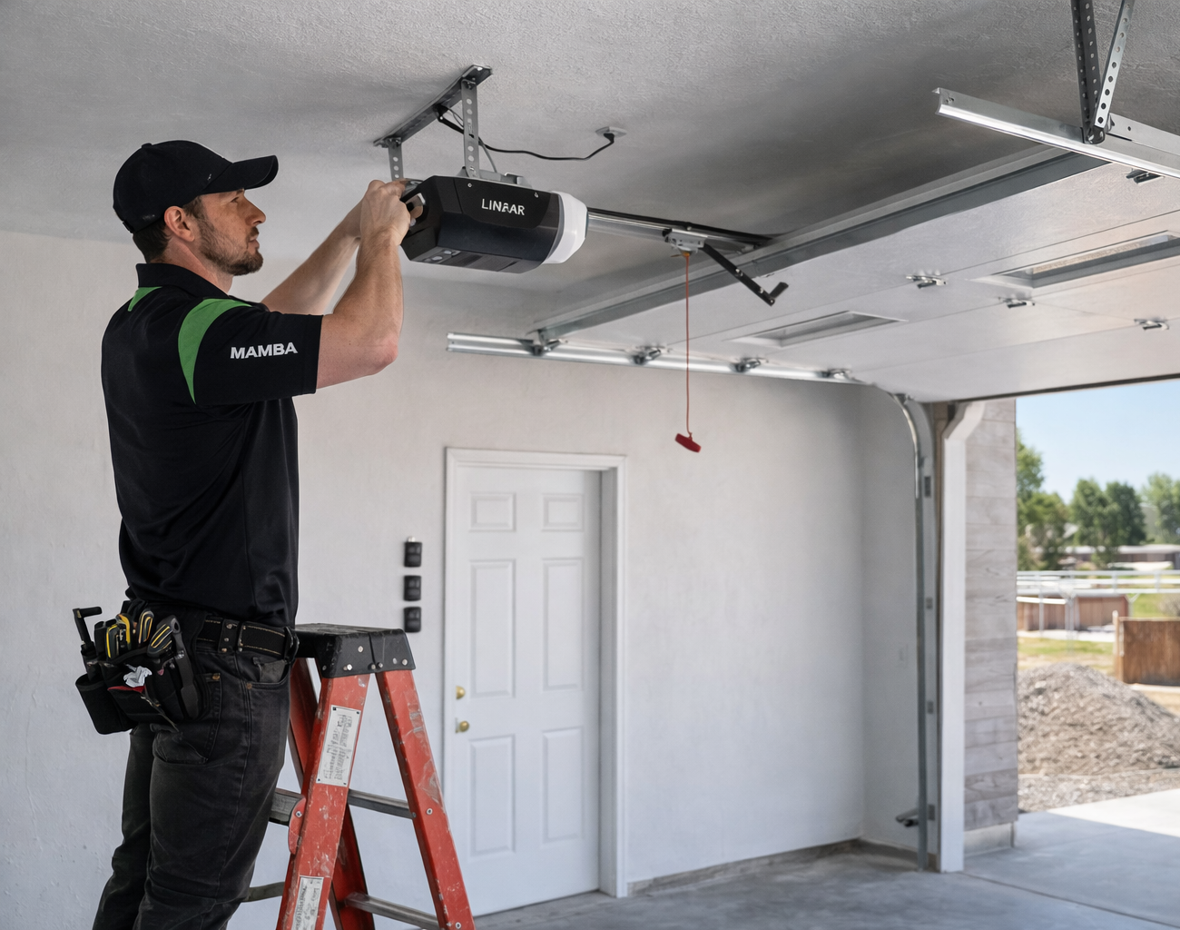 Garage door technician installing a ceiling-mounted garage door opener in an Austin, Texas residential garage