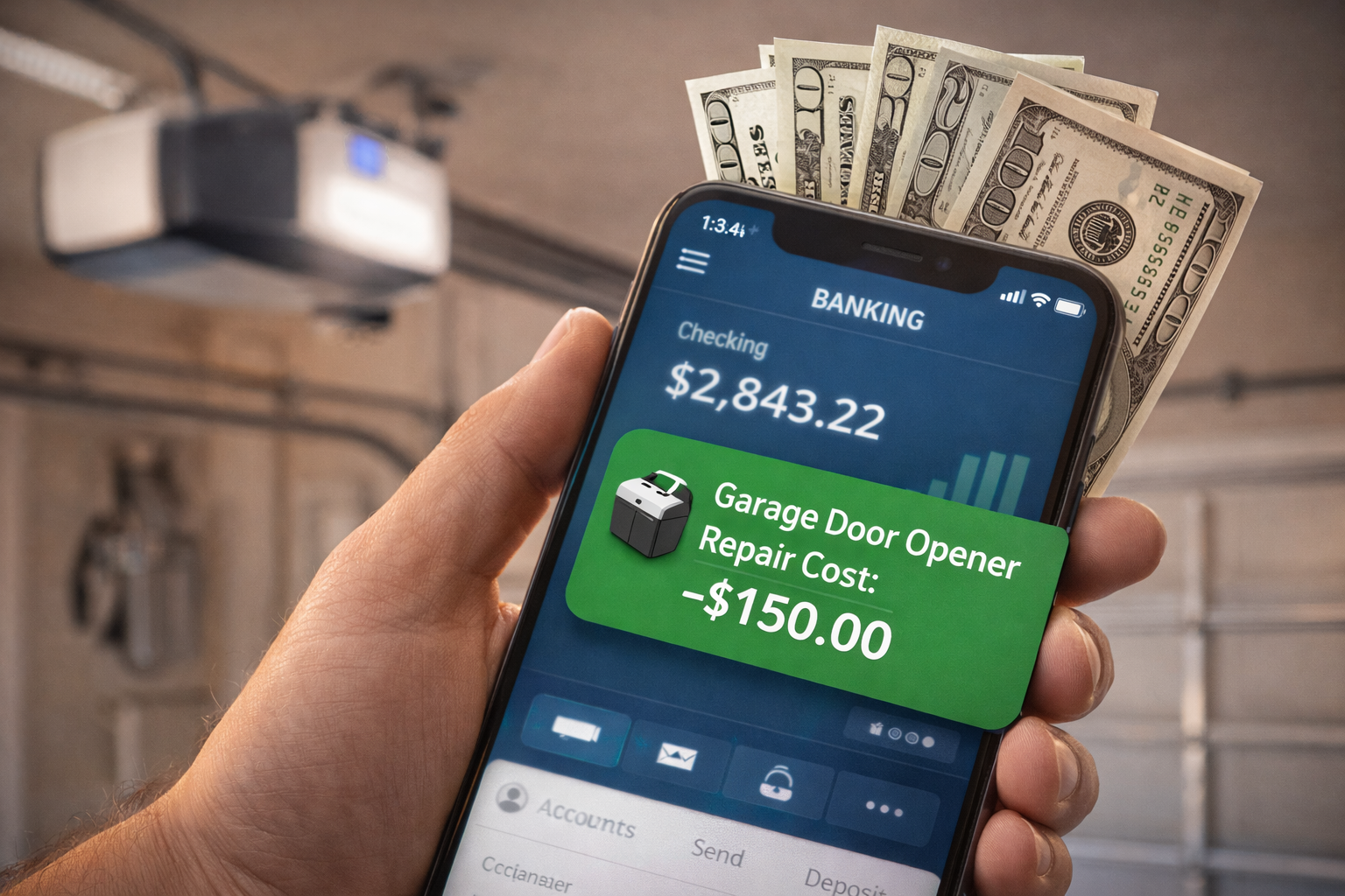 Smartphone banking app notification showing garage door opener repair cost payment with garage opener icon