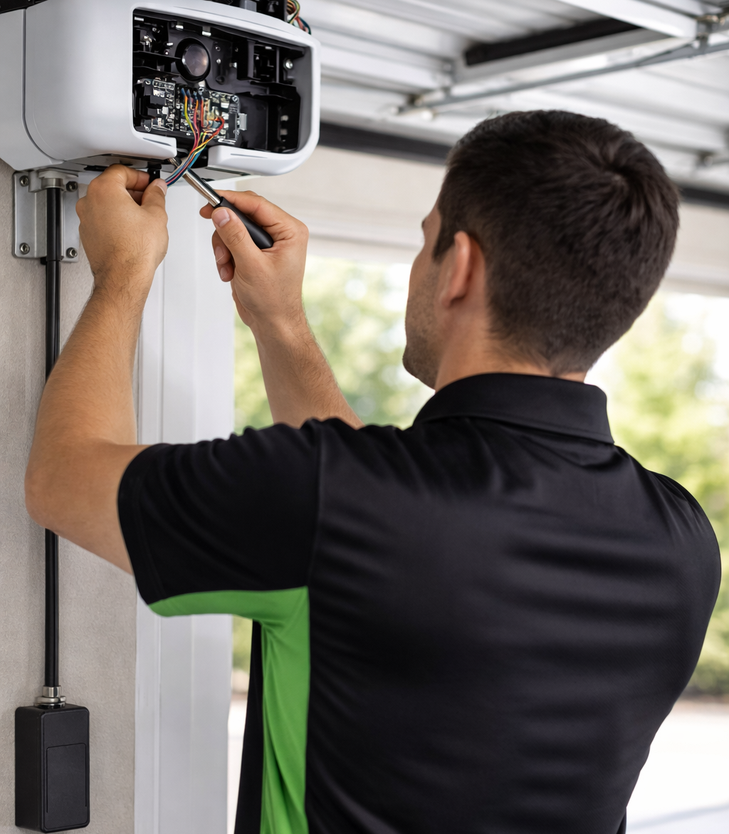 Technician working on a garage door opener with screwdriver inside residential garage in Round Rock Texas