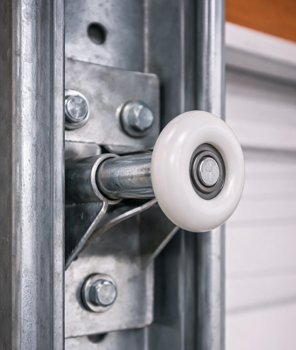 Close-up of a garage door roller inside metal track with hinge bracket and mounting bolts