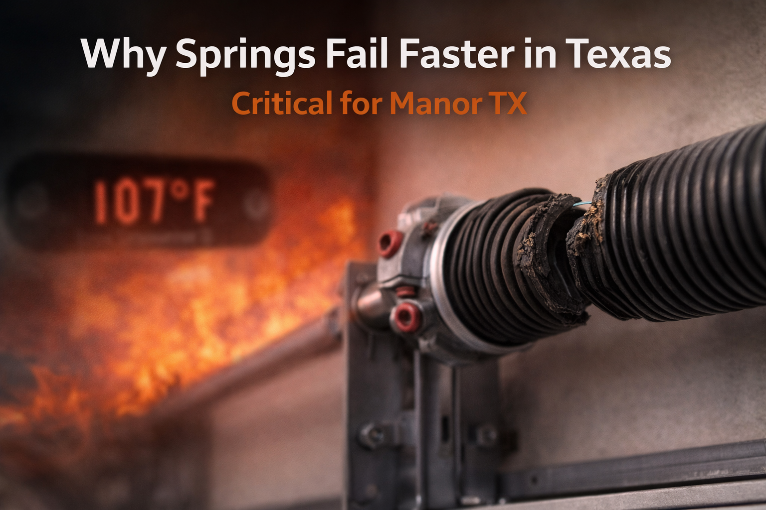 Broken garage door torsion spring with heat damage and high temperature background illustrating how extreme Texas heat in Manor TX accelerates spring failure