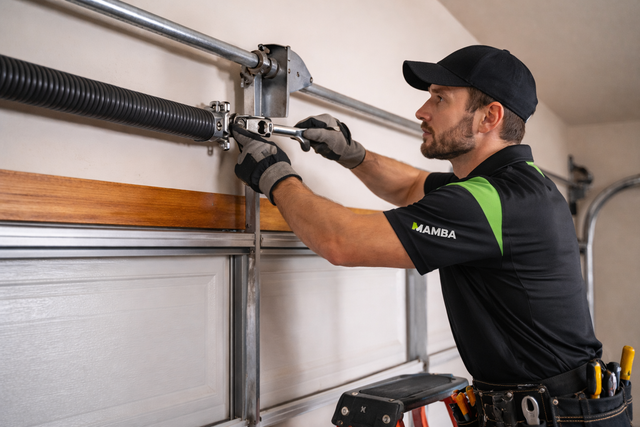 Garage door technician repairing a residential garage door spring assembly