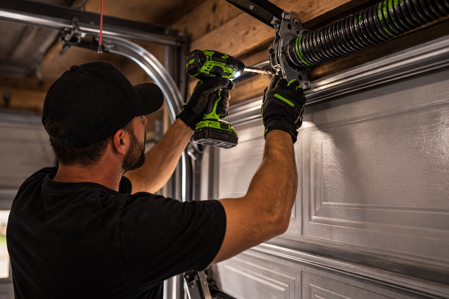 Technician inside a residential garage installing and adjusting a torsion spring system on a sectional garage door using green and black tools.