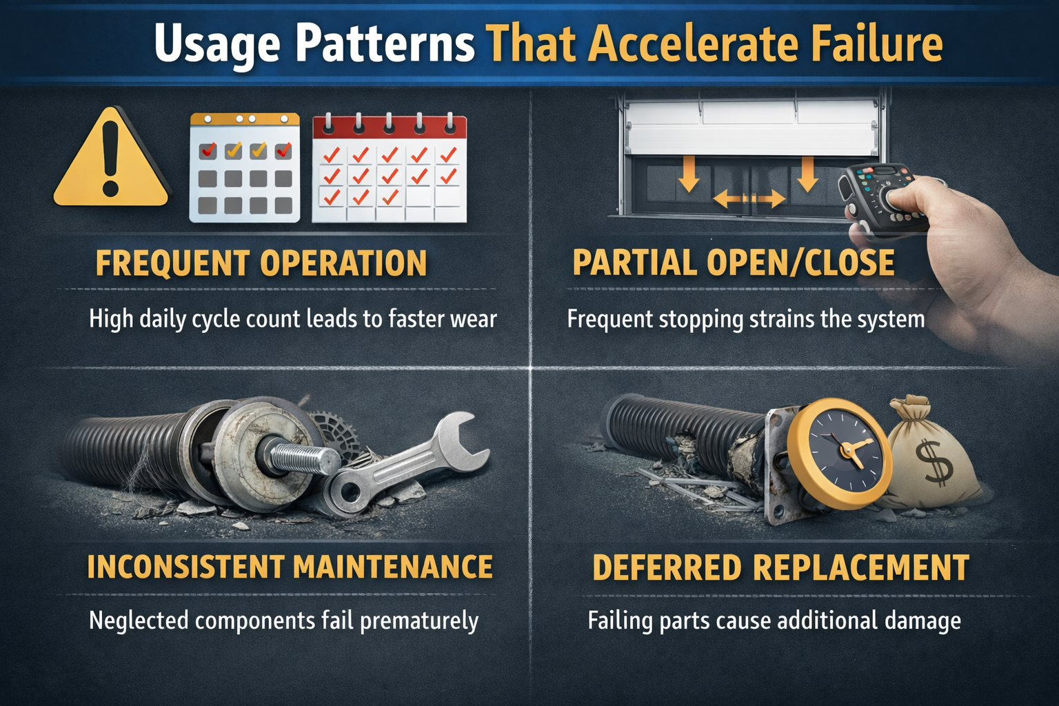 Infographic showing garage door usage patterns that accelerate spring failure including frequent operation, partial opening, inconsistent maintenance, and delayed replacement