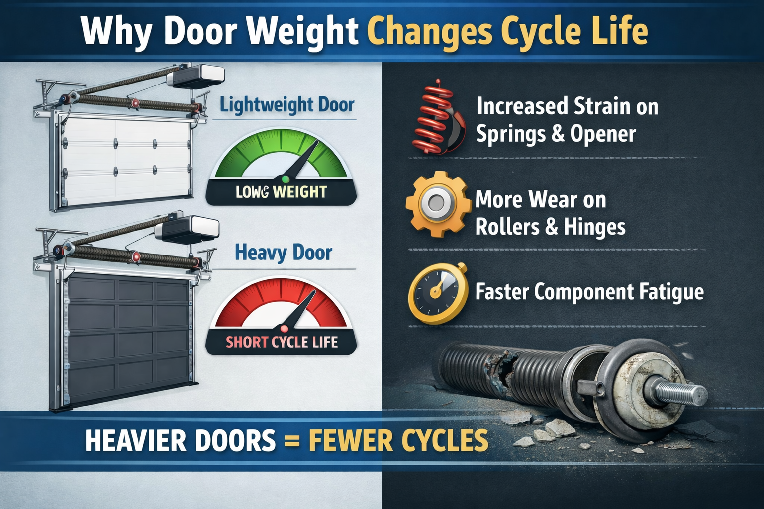Garage door weight comparison showing how heavier doors reduce spring cycle life and increase strain on springs, rollers, and opener components