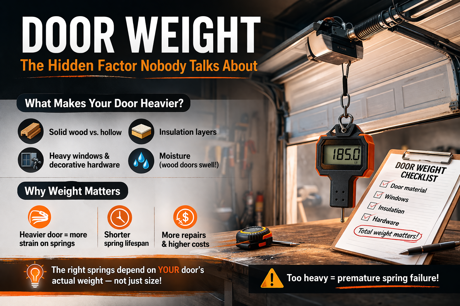 Infographic showing how garage door weight affects spring lifespan, highlighting materials, insulation, and hardware factors along with increased strain and faster wear on springs