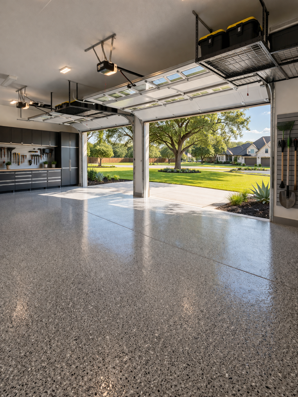 Luxury garage interior with open doors showing landscaped lawn and upscale suburban home exterior in Round Rock Texas