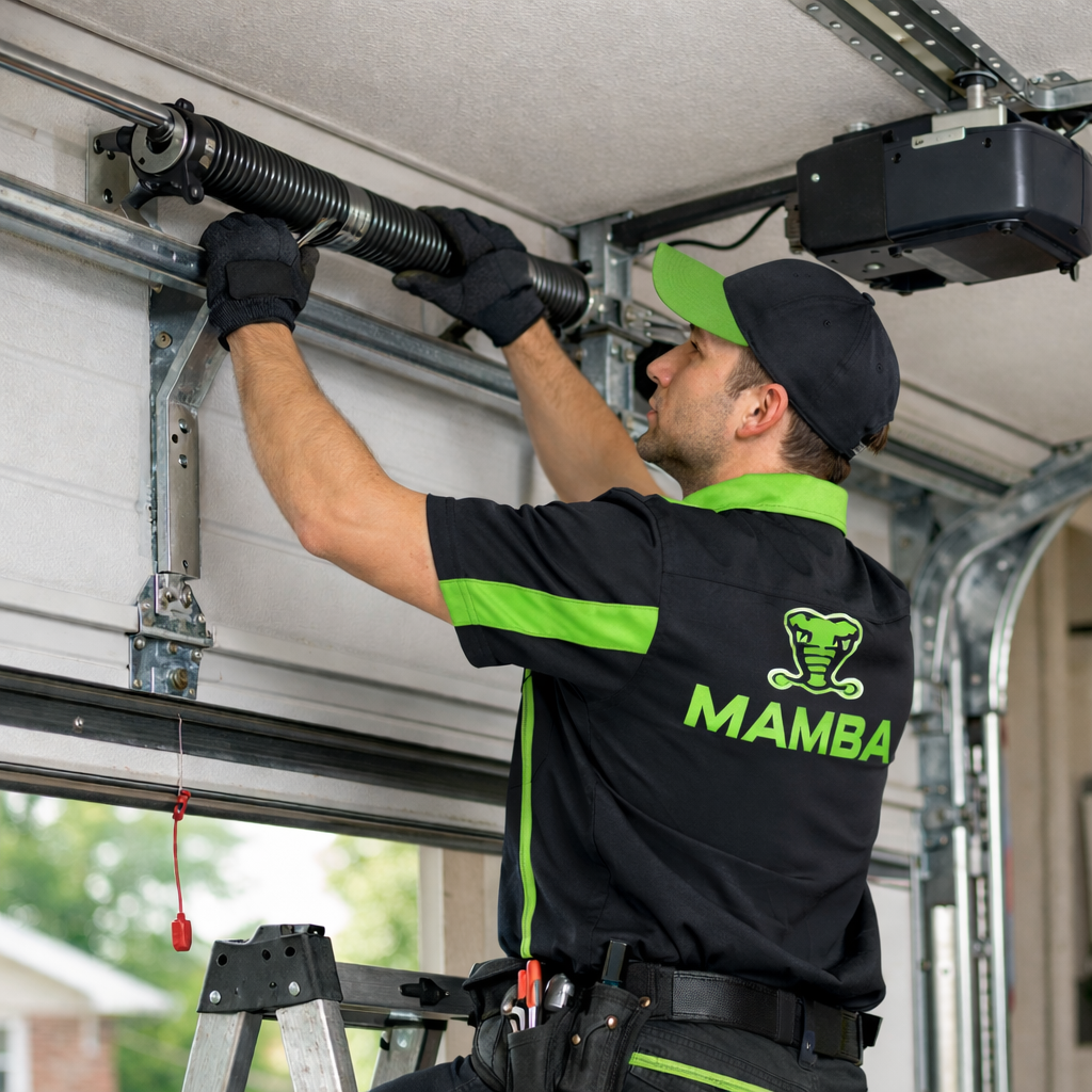 Mamba Overhead Garage Doors technician in black and green uniform repairing a residential garage door torsion spring in Pflugerville, Texas.