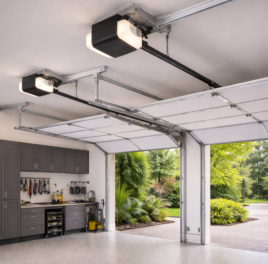 Clean high-end residential garage interior showing two ceiling-mounted garage door openers above open sectional garage doors.