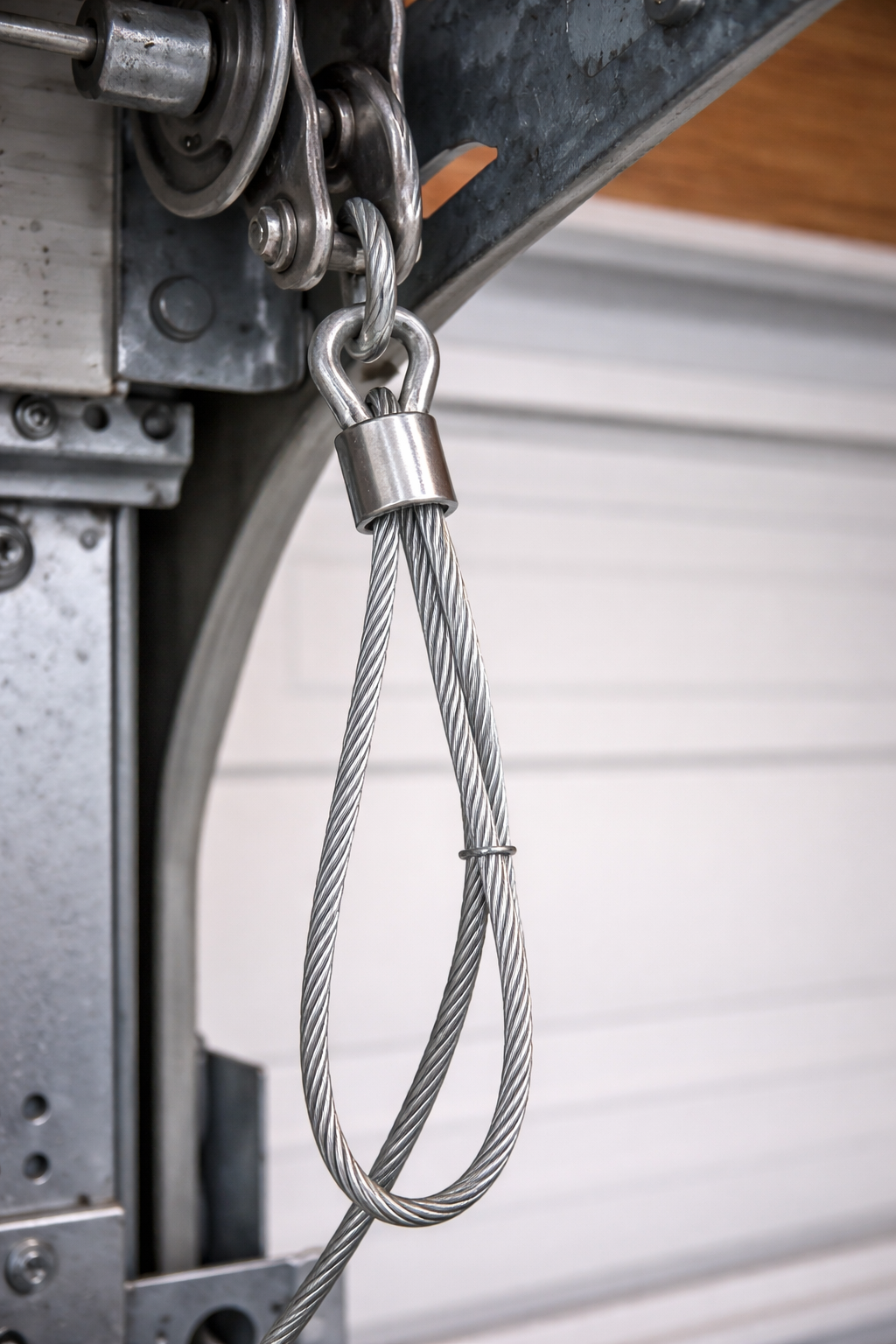 Close-up of a new garage door cable installed on bottom bracket with clean steel strands and pulley system