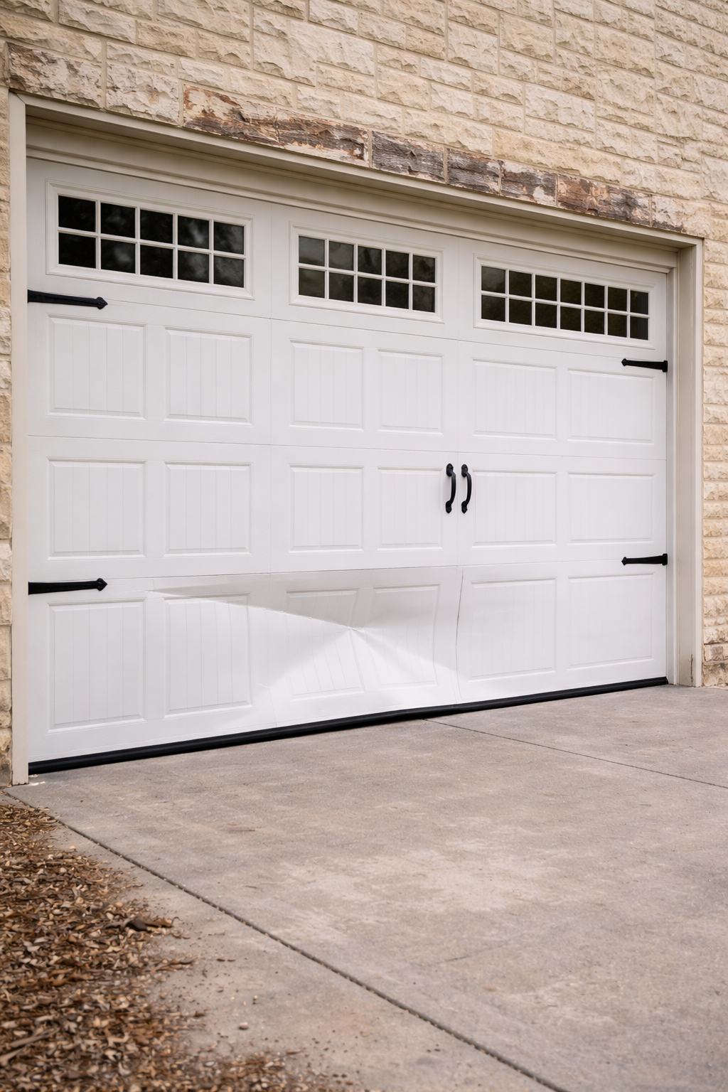 White garage door in Round Rock Texas with a visibly bent bottom panel and structural damage near the base