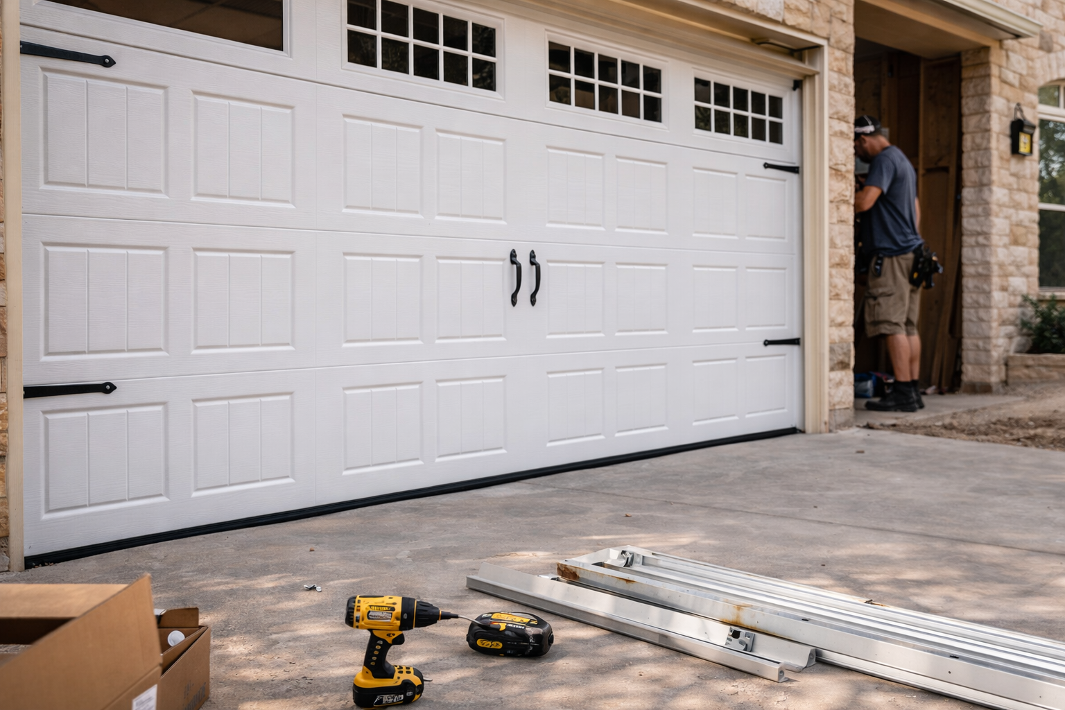 Close-up of a new garage door being installed at a home in Round Rock Texas with tools and track components on driveway