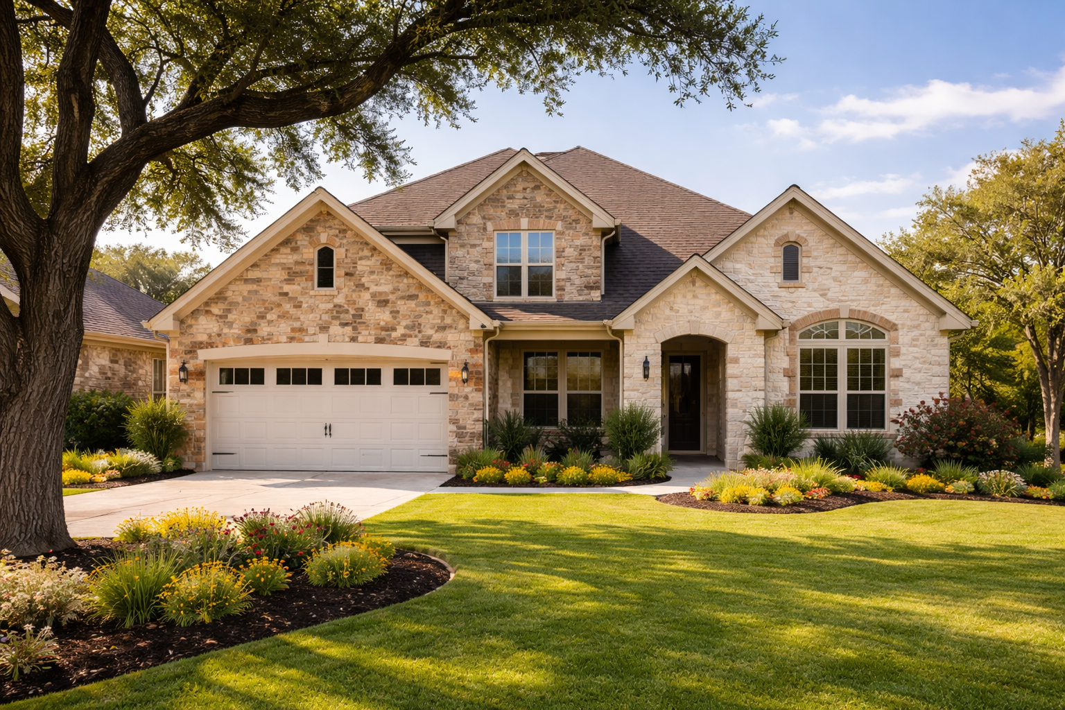 Front view of a large limestone home in Round Rock Texas with a two-car garage, mature oak tree, and landscaped front yard