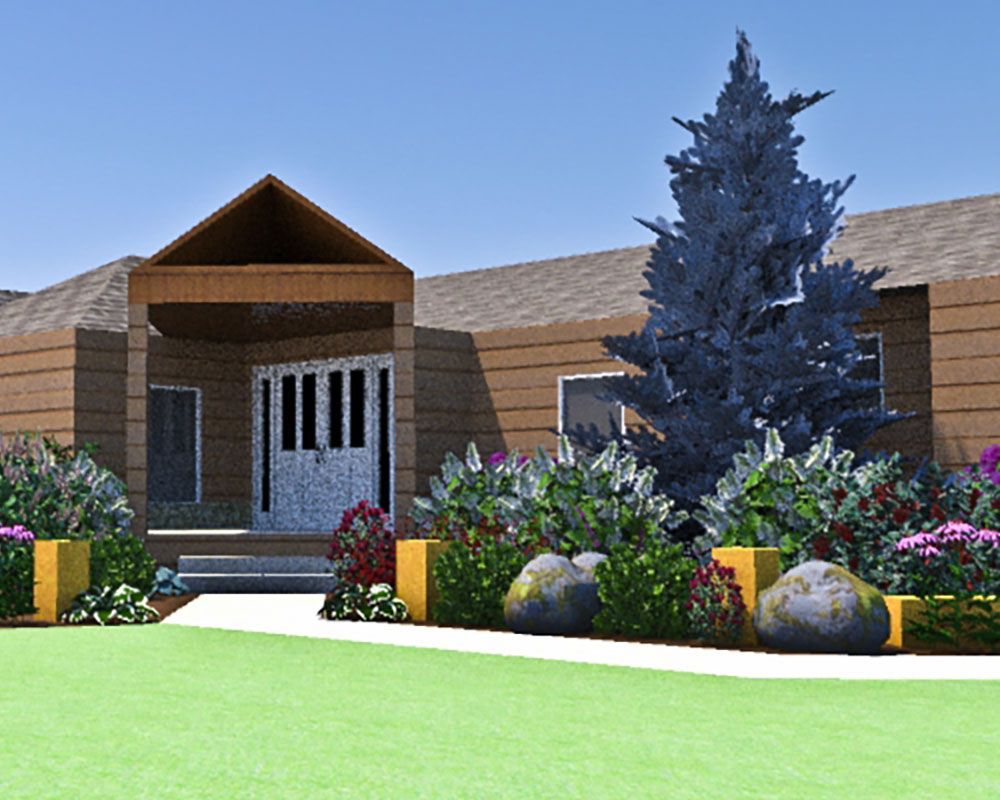 3D immersive rendering landscape design of Northeast Ohio home of front entrance garden beds