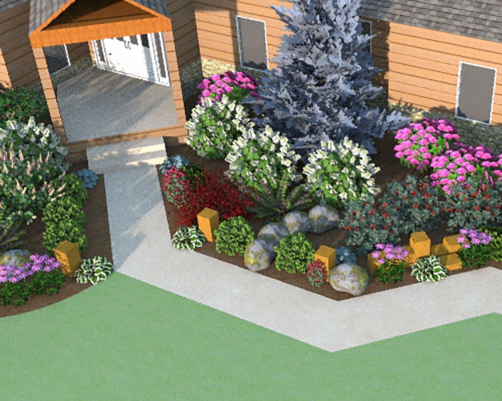 3D landscape design virtual rendering of Bath, Ohio home showing ornamental grass, perennials, and natural stone columns.