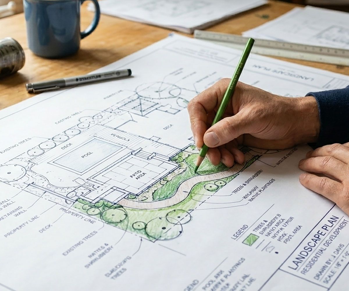 Landscape design 2D blueprint plan showing paver stone front entrance with plants and natural stone steps in Northeast Ohio.